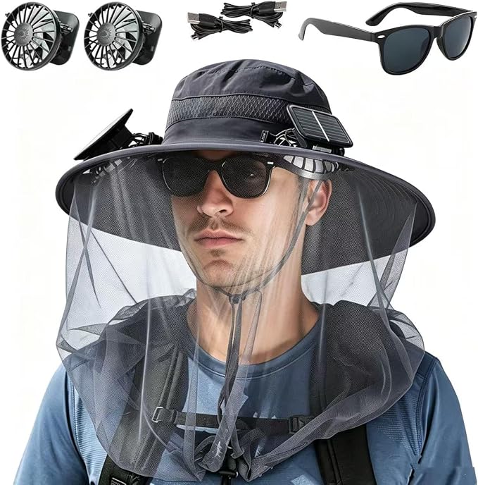 Fishing Hats with Sunglasses, Wide Brim Sun Hat with 2 Solar Fan, USB & Solar Powered Fishing Hats, Solar Fan Hats UPF 50+