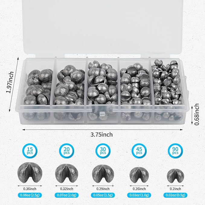 Caleb 200/320Pcs Split Shot Fishing Weights Sinkers, Removable Lead Fishing Weights, Premium Duckbill Reusable Fishing Sinkers for Freshwater Saltwater Bass Trout Fishing Accessories - 5/6 Sizes