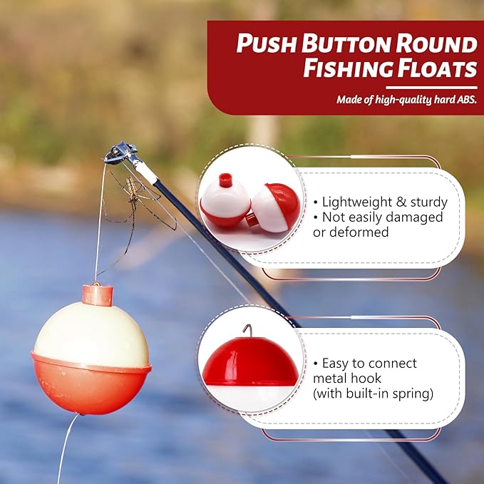 Woozettn 100 Pcs Fishing Float,Hard ABS Fishing Bobbers,Red and White Bobbers,Push Button Round Buoy Floats for Fishing Tackle Accessories,0.75/1/1.5 Inch