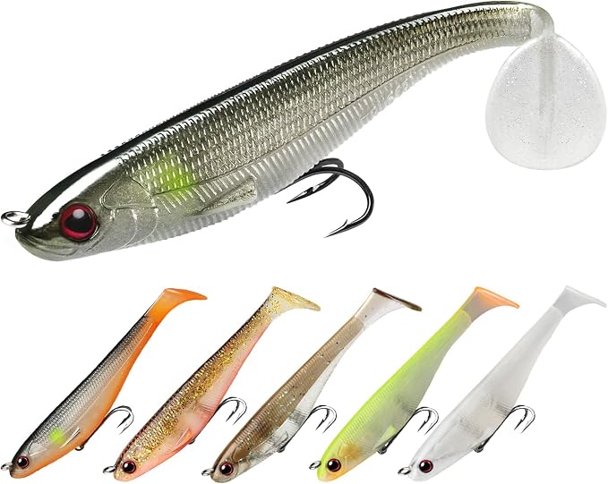 TRUSCEND Shadtale Easy Catch Soft Fishing Lures with BKK Hooks - Trembly Sinking and Vibrating Swim for More Bites, Pre-Rigged Swimbaits for Bass, Trout, Crappie, Walleye, Freshwater Saltwater Fishing