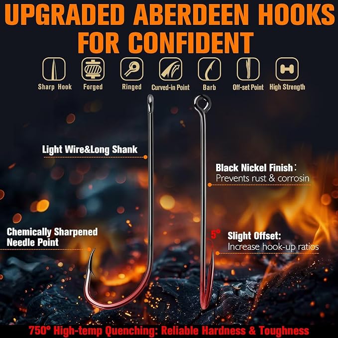 Dovesun Fishing Hooks Freshwater Aberdeen Fishing Hooks 100Pcs Long Shank High-Carbon Steel Worm Hooks Small Bass Trout Crappie 12# 10# 8# 6# 4# 2# 1# 1/0 2/0