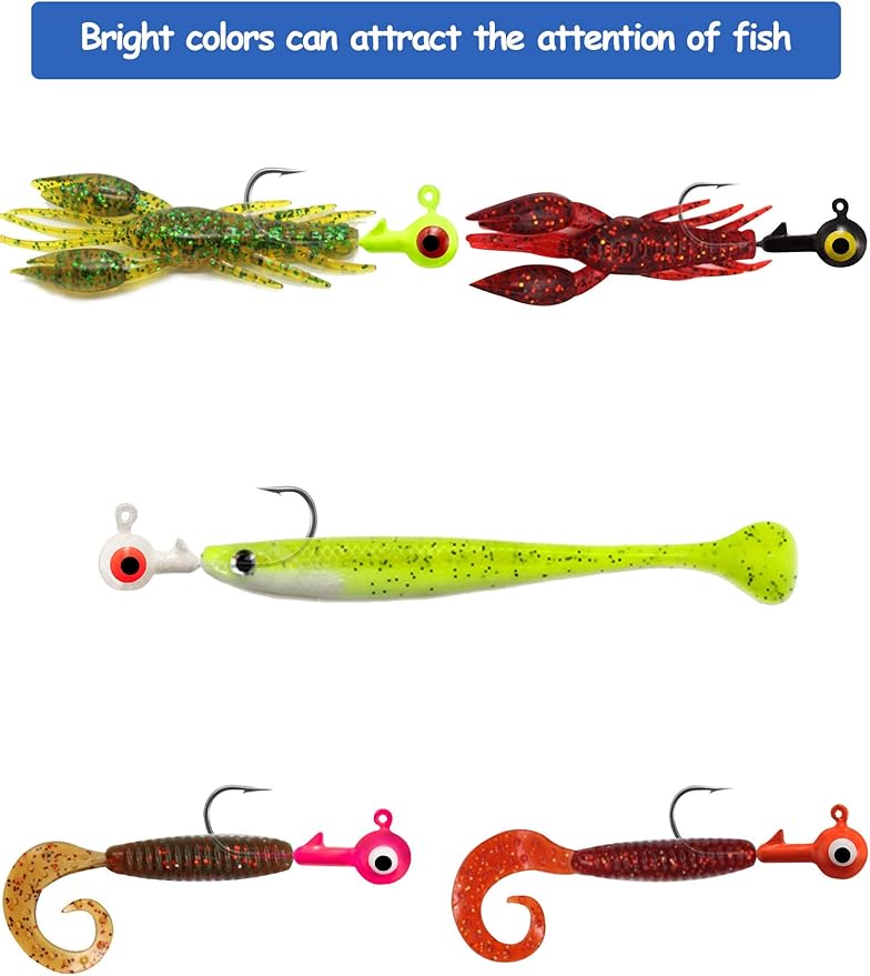 60 Pieces Fishing Lures Jig Heads Ball Head Fishing Hooks Round Ball Head Jigs with Double Eyes for Freshwater or Saltwater