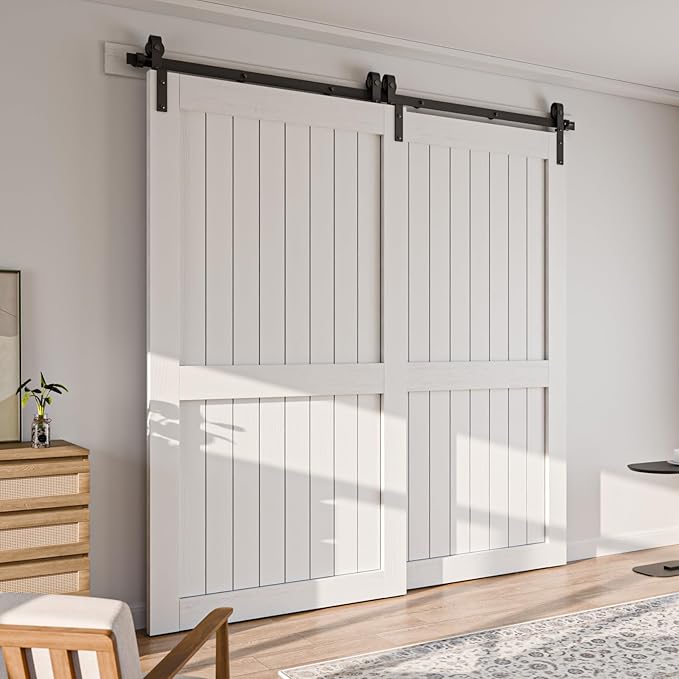 4-14FT Bypass Sliding Barn Door Hardware Kit Single Track System Carbon Steel Basic Roller Hanger Easy to Install Fit Double 60" Wide Doors Panels (10ft Single Track Bypass)