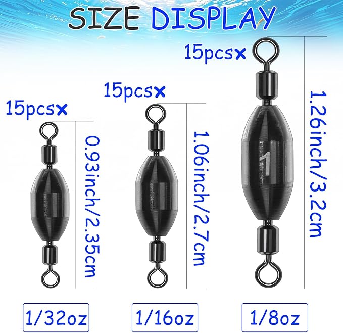 Fishing Weights Swivel Bullet Sinkers Brass Fishing Weights Saltwater Freshwater Bass Sinker Weight with Swivel Rolling 1/4oz, 1/8oz, 1/16oz，1/32oz, 3/8oz, 1/2oz