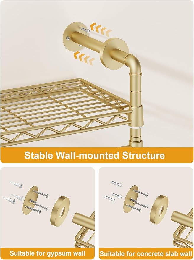 M6 Clothes Rack for Wall Mounted, Heavy Duty Closet Wardrobe System with 8 Shelves and 4 Hanger Rods, 68.5" W x 11.8" D x 86.6" H Clothing Storage Organizer for Holding 1064lbs, Gold