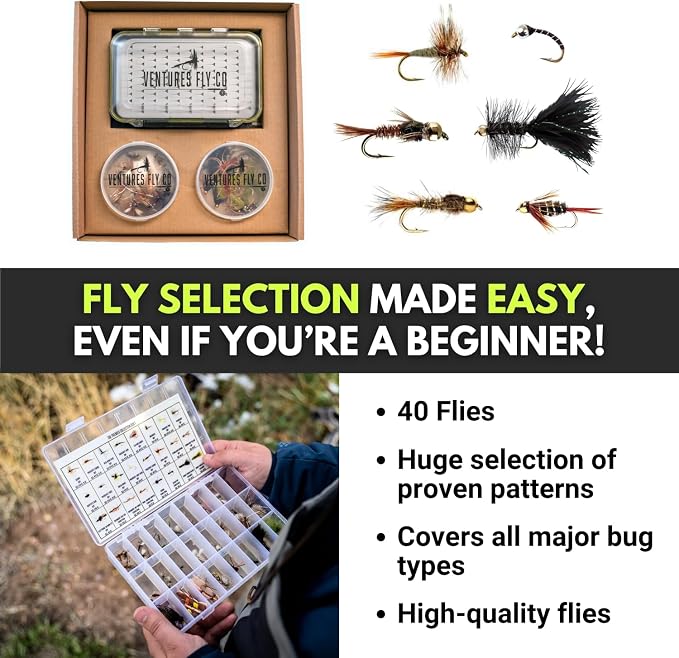 Ventures Fly Co. | Starter Packages | 23 Fly Fishing Accessories Complete Gear Combo | Perfect Beginner Kit | Includes Rod, Reel, Line, Flies, Leader, Tippet, Forceps, Nipper, Floatant & Net