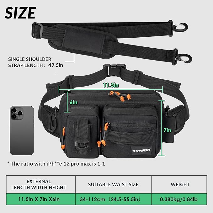 THKFISH Fishing Waist Pack - Waterproof Fanny Pack for Women & Men - Portable Sling Bag for Outdoor & Fly Fishing (BLACK-LARGE)
