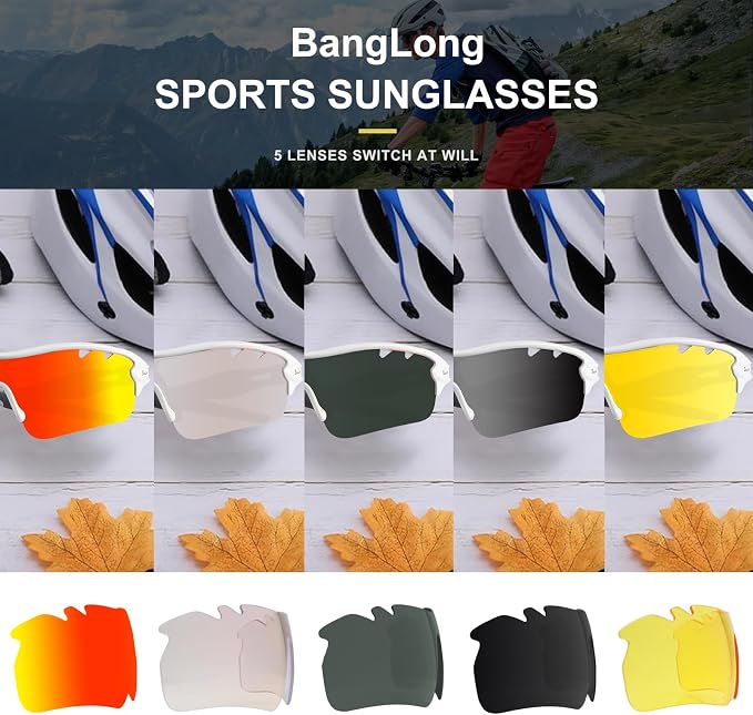 BangLong Polarized Cycling Sunglasses for Men Women, 26g Sports Sunglasses with 5 Lenses for Running Fishing Baseball Driving
