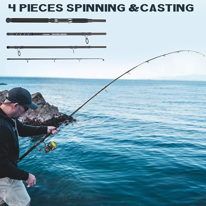 THKFISH 4 Piece/5 Piece Saltwater Travel Rod, Heavy Spinning Fishing Rod Portable Travel Surf Rod Carbon Fiber Saltwater Boat Fishing Rod 6’9”/7’9”/8’9” with Case Bag for Seawater Fish