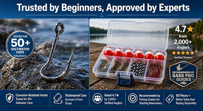 Smaky Fishing Tackle Kit Beginners Equipment 80 Pcs-Includes Fishing Hooks Bobbers Circle Octopus Hooks Sinkers| Starter Kit for Artificial and Live Baits (80-Pcs)