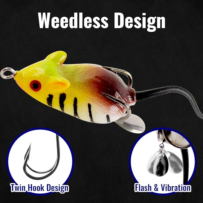 Topwater Mouse Rat Fishing Lure, 5pcs Realistic Soft Rat Bait for Bass, Trout, Pike, Muskie, Hollow Body, Weedless Double‑Barb Hooks, Spinnerbait Blade, Glide Bait & Crankbait Compatible