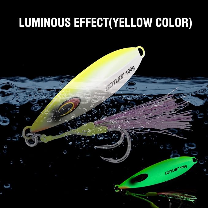 Goture Slow Pitch Jigs, Glow Flat Fall Jig Fishing Lure with Double Assist Hooks and Swivel, Fishing Jigs Saltwater 40g-250g Deep Sea Fishing Jigging Lures for Tuna,Dogtooth Tuna, Yellowtail,Kingfish