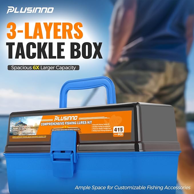 PLUSINNO Large 3 Layers Fishing Tackle Box with Tackle Included, 415Pcs Fishing Lures Kit Contains Pliers, Crankbait, Weights, Accessories, Portable Fishing Gear Gifts for Men Starter Kits Bass Trout