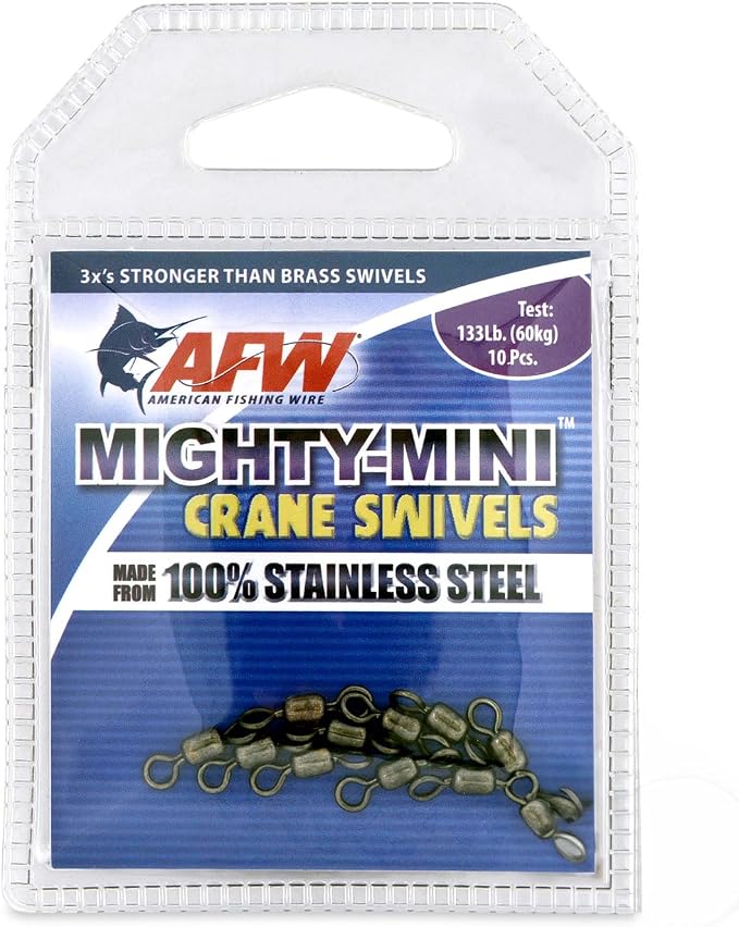 AFW American Fishing Wire Fishing Swivels - Mighty Mini 100% Stainless Steel Crane Swivels, 3X Stronger Than Brass, for Terminal Tackle Box, Up to 600lb Test - Fishing Gear for Fishing Line Leaders