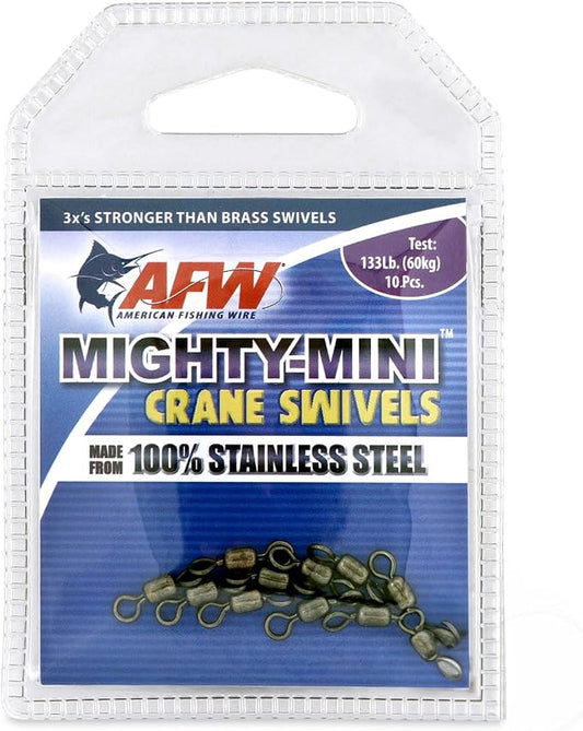 AFW American Fishing Wire Fishing Swivels - Mighty Mini 100% Stainless Steel Crane Swivels, 3X Stronger Than Brass, for Terminal Tackle Box, Up to 600lb Test - Fishing Gear for Fishing Line Leaders