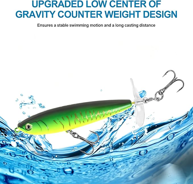 Whopper Fishing Lure for Bass：Popper Top Water Fishing Lures with Floating Rotating Tail Barb Treble Hooks Saltwater Freshwater Plopping Lures Kit