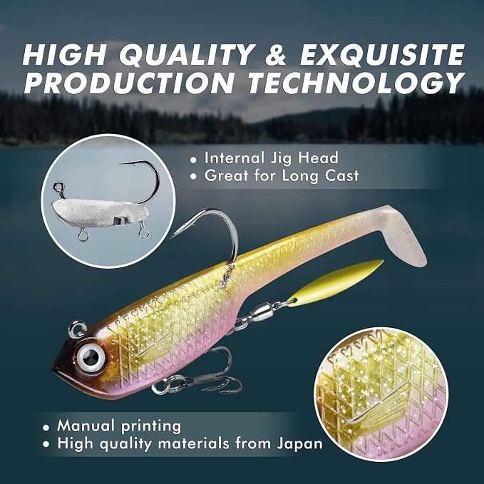 GOTOUR Pre-Rigged Soft Fishing Lures with Weedless Hook, Lifelike Paddle Tail Swimbaits for Bass Fishing, Freshwater & Saltwater Fishing Bait, Fishing Tackle for Bass, Pike, Trout, and Walleye