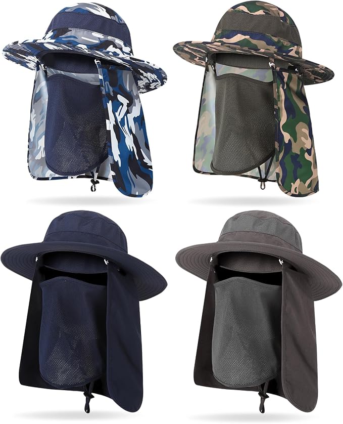 4 Pack Sun Hats for Men Women UPF 50+ Wide Brim Fishing Bucket Hat Summer Outdoor UV Protection Adjustable Neck Flap