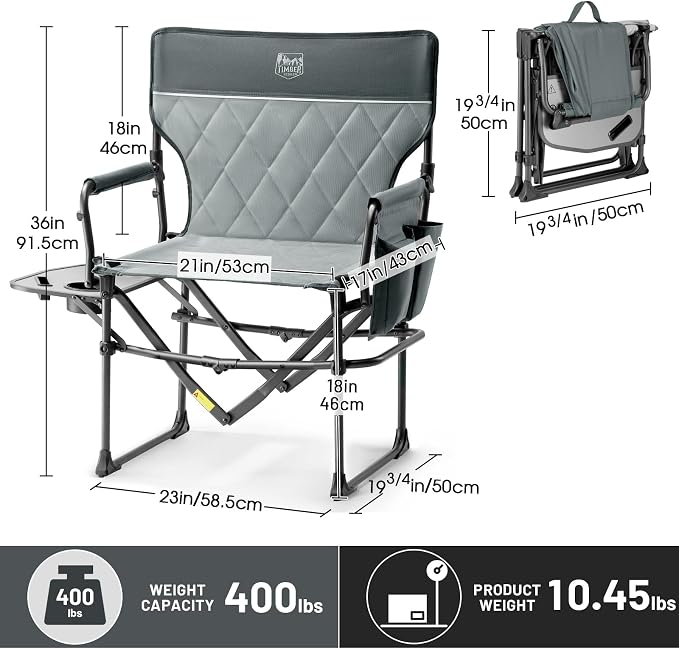 Timber Ridge Aluminum Camping Directors Chair with Side Table Pocket, Portable Folding Chair, Heavy Duty Lawn Chair for Fishing Trip Picnic Concert Outdoor 400lbs, Grey