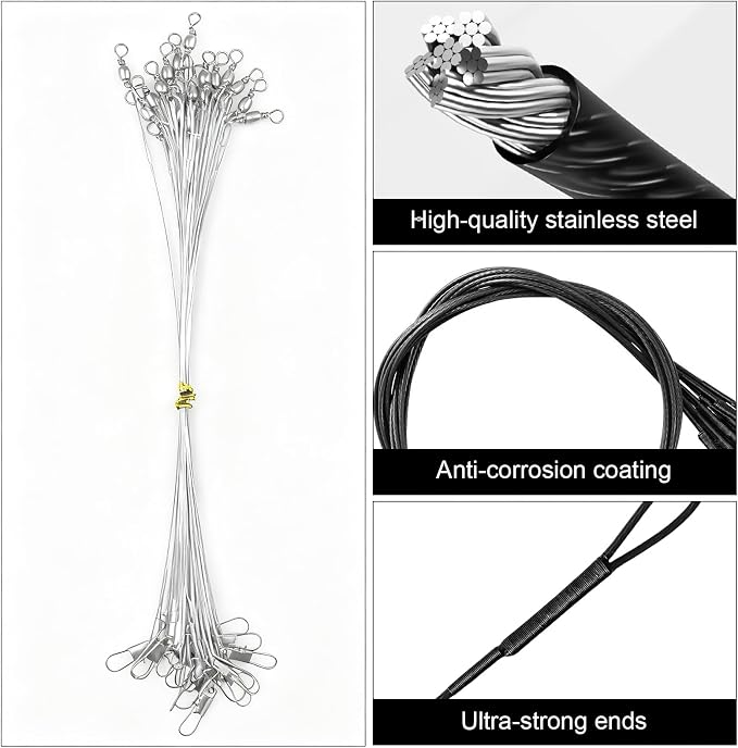 DONQL 50pcs Fishing Leaders, Stainless Steel Fishing Wire Traces Pike Fishing, 10/15/20/25/30cm Anti-Bite Fishing Wire Trace Leaders with Rolling Swivels and Snaps for Bait Rigs Saltwater