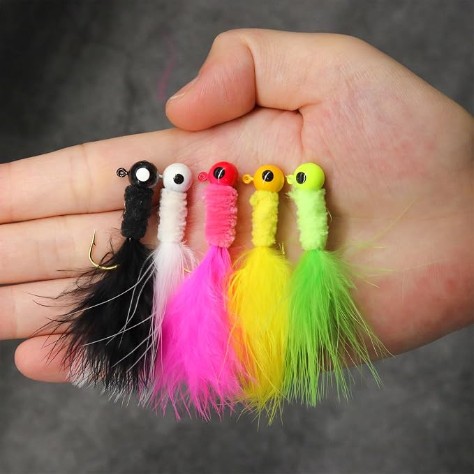 50PCS Crappie Fishing Jigs Hook Kit Feather Hair Jigs for Crappie Fishing baits Lures Panfish Trout 1/8 1/16 1/32 oz