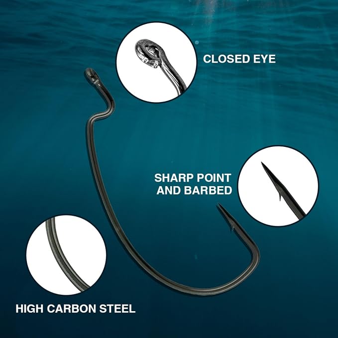 Reaction Tackle Offset EWG Worm Hooks - Super Strong Wide Gap Texas Rig Hooks for Soft Plastic Baits - High Carbon Steel Bass Fishing Hooks (25-Pack)