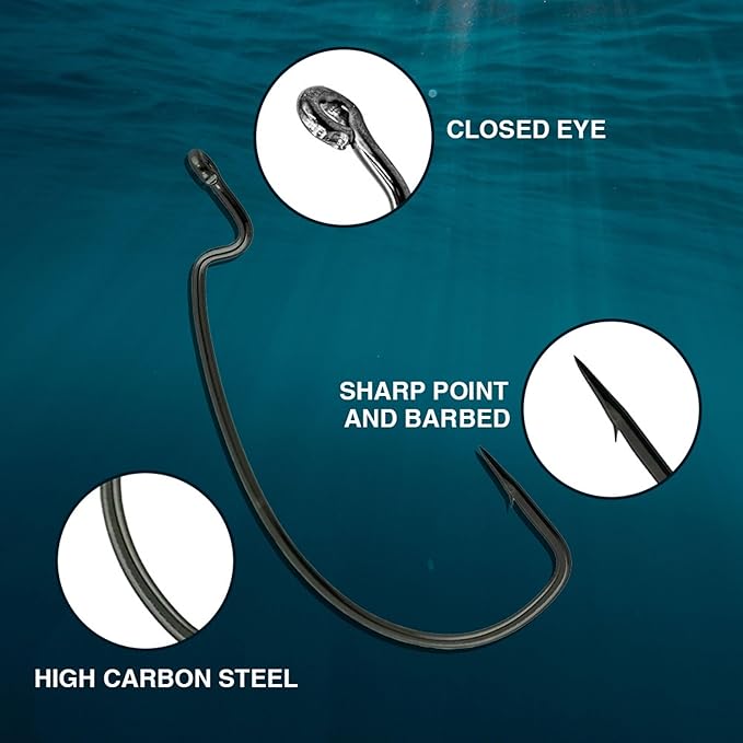 Reaction Tackle Offset EWG Worm Hooks - Super Strong Wide Gap Texas Rig Hooks for Soft Plastic Baits - High Carbon Steel Bass Fishing Hooks (25-Pack)