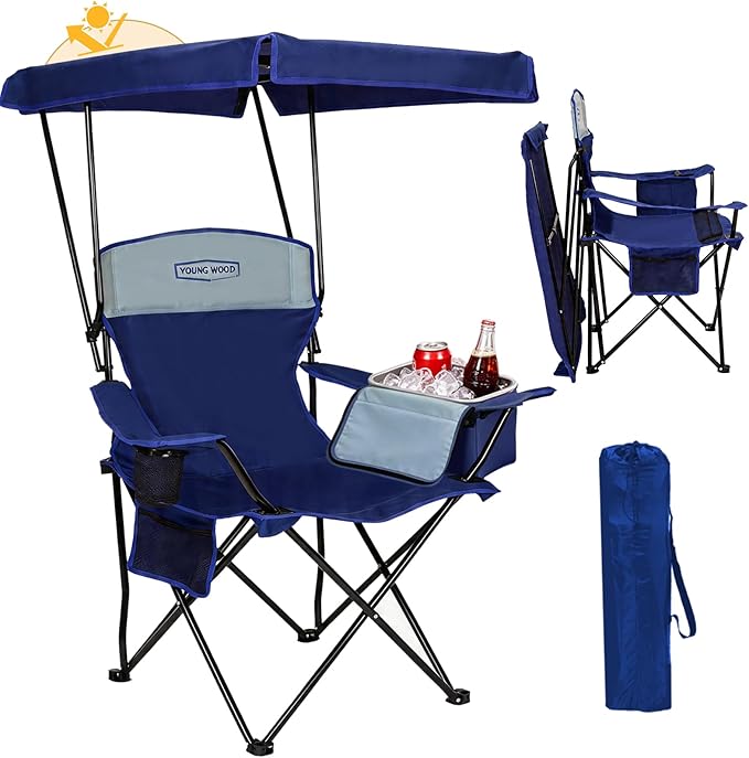 YOUNG WOOD Camping Chair with Canopy, Beach Chair with Shade Lightweight Oversized for All, Easy to Open and Close Without Installation, Side Pocket,Cooling Bag Design for All Activities,Deepblue