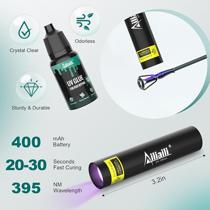Fishing Rod Tip Repair Kit, Complete Supplies for Fishing Pole Tip Replacement with 10 Sizes Top Eyelets, Glue, UV Flashlight, Wrapping Thread, Easy&Quick Repair Broken Fishing Accessories