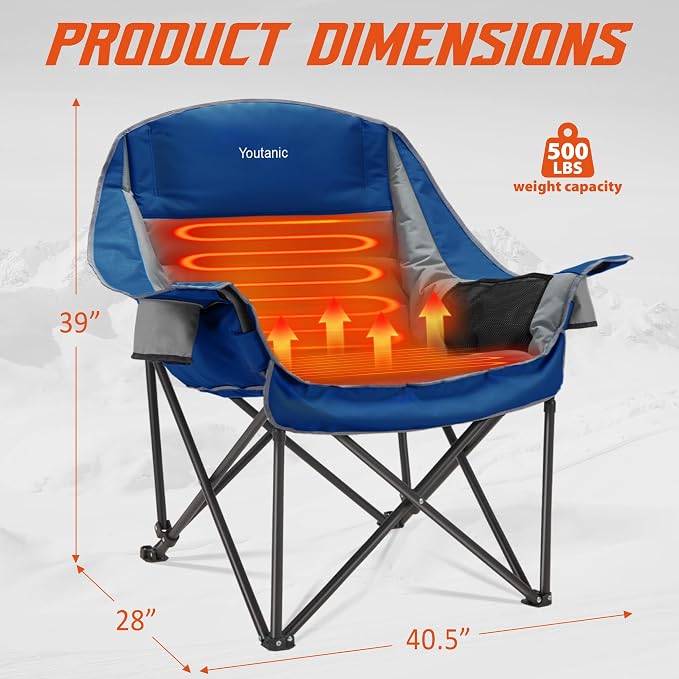 Youtanic Oversized Extra Large Heated Padded Camping Chair up to 500lbs, 3 Heat Levels Camp Chair with Carry Bag, Outdoor Heating Folding Chairs for Adults, Fishing, Sports, Picnic, Gray-Blue