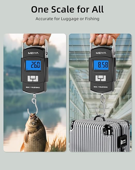 MEIYA Fish Scale 110lb/50kg Digital Fishing Scale with Backlit LCD, Portable Handle, Stainless Steel Hook & 2 AAA Batteries – Reliable Fishing Gear & Great Fishing Gifts for Men