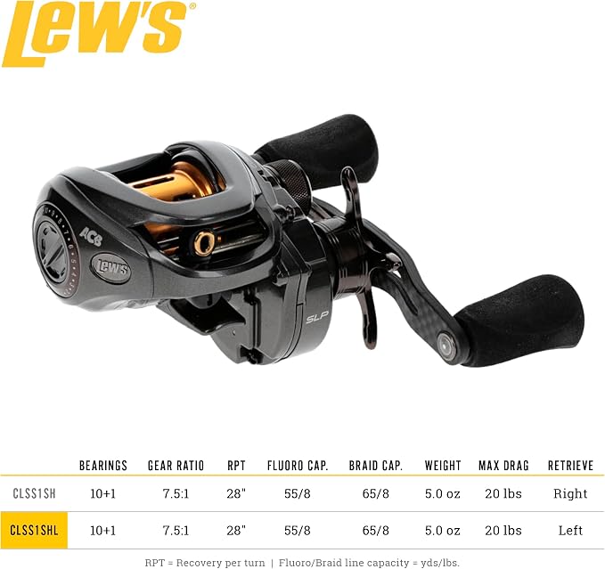 Lew’s Custom Lite SS Baitcast Fishing Reel, 10+1 Double Shielded Bearings, 7.5:1 Gear Ratio, Super Shallow 30 mm Spool, Tanso Tech Frame, Carbon Fiber Drag, Carbon Gray