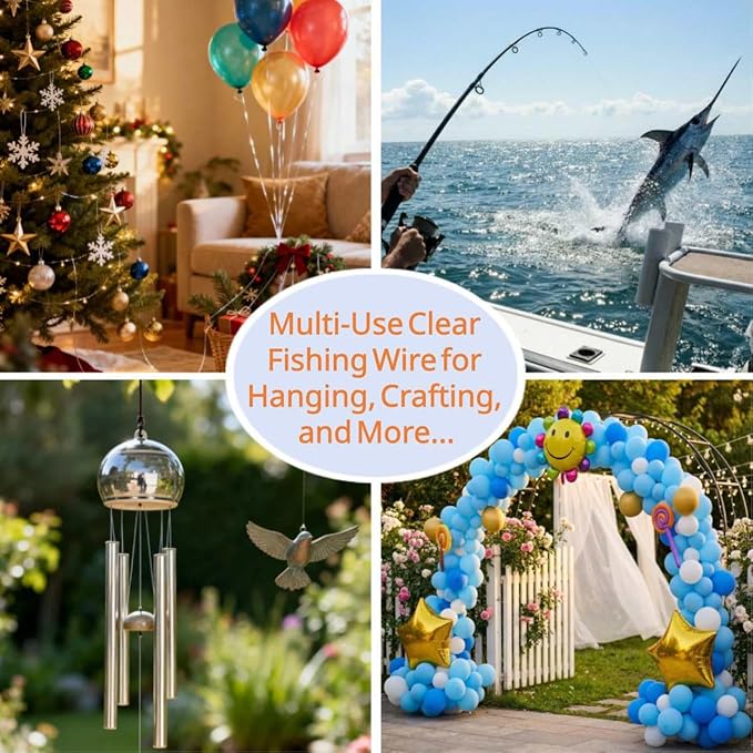 Aboda Clear Fishing Line 0.2-1 mm, Strong Invisible Nylon Fishing Wire 8-100 lb Test Includes Crimp Sleeves, Clear String for Hanging Decorations Balloons Garlands Crafts & Jewelry