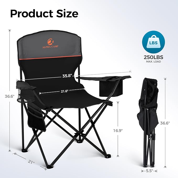 ALPHA CAMP 2-Pack Camping Chair with Cooler Bag, Heavy Duty 250lbs Capacity Folding Chair with Lumbar Support & Side Pocket, Portable Quad Chairs for Beach Fishing Tailgating & Sideline Sport