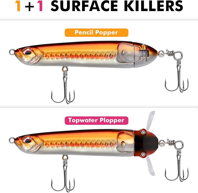 TRUSCEND Popobait Easy Catch Fishing Lures with BKK Hooks, Instant Startup, Longer Cast, Balanced Spray/Sound/Swim, Plopper Topwater Lures for Bass, Trout, Pike, Walleye, Freshwater Saltwater Fishing