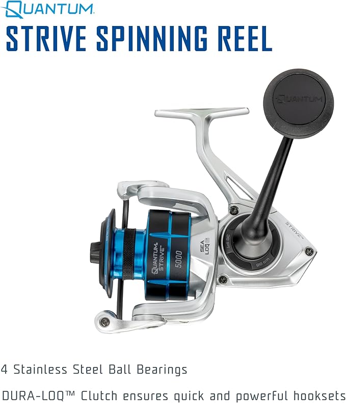 Quantum Strive Spinning Fishing Reel, Rigid Aluminum Frame, Graphite Rotor, Sealed Design, CFX200 Carbon Fiber Xtreme Drag, Silver/Blue