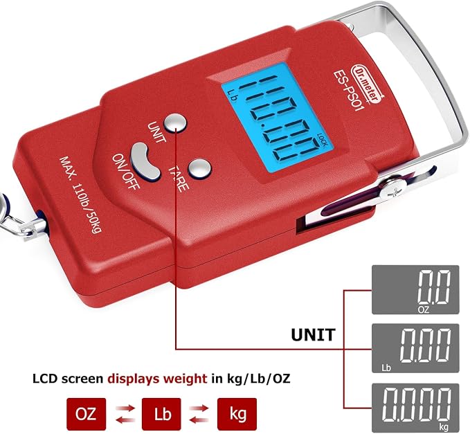Dr.meter Fish Scale Luggage Scale Fishing Gear - 110lb Backlit LCD Display Digital Scale with Built-in Measuring Tape - Fishing Scale with 2 AAA Batteries, Pocket Size - Fishing Gifts for Men