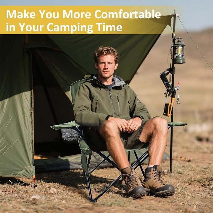 Folding Camping Chair with Cup Holder & Storage Bag, 225lbs Capacity, Large Anti-Sink Feet, Breathable PE Coated Fabric for Outdoor, Hiking, Beach, Fishing, Backpacking, 2PCS Green