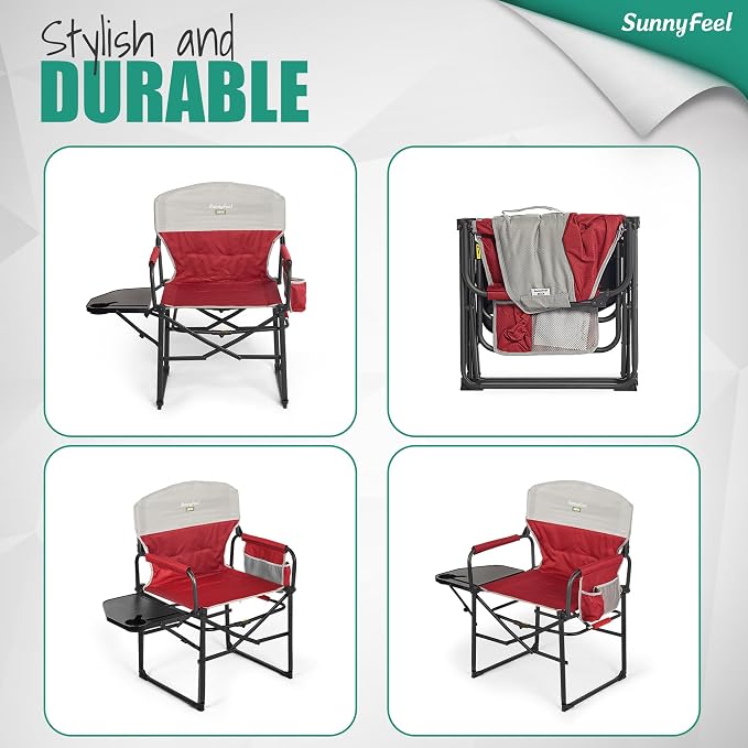 SUNNYFEEL Camping Directors Chair, Heavy Duty,Oversized Portable Folding Chair with Side Table, Pocket for Beach, Fishing,Trip,Picnic,Lawn,Concert Outdoor Foldable Camp Chairs