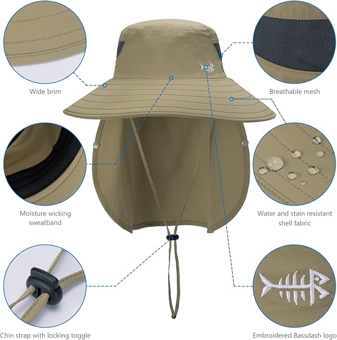 BASSDASH UPF 50+ Breathable Sun Hat with Removable Face Cover and Neck Flap Wide Brim Bucket Hat for Fishing Hiking Men Women