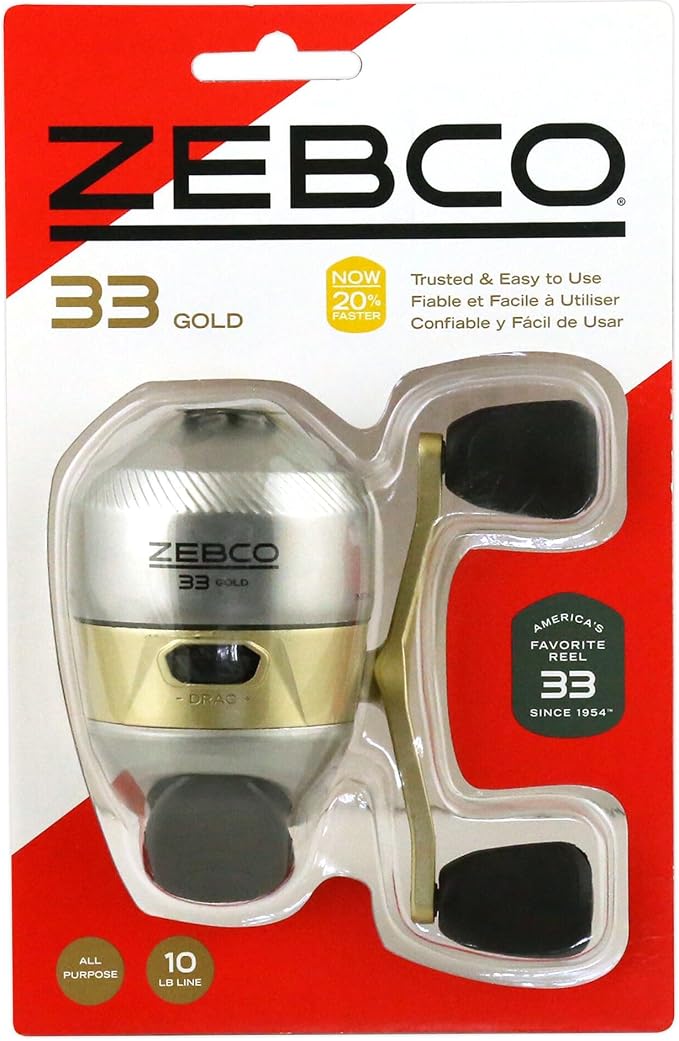 Zebco 33 Gold Spincast Fishing Reel, Changeable Right or Left-Hand Retrieve, All-Metal Gears, Pre-Spooled with Zebco Cajun Fishing Line