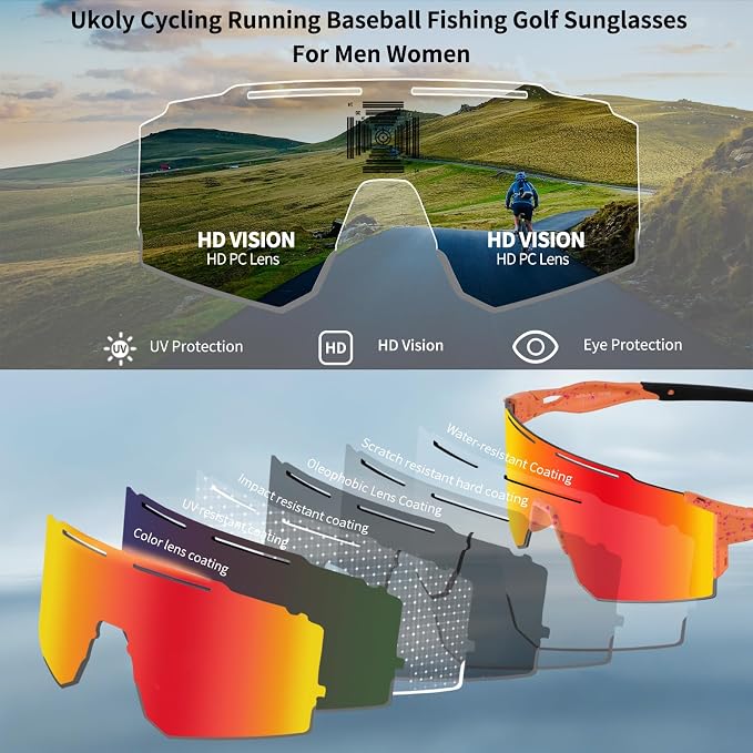 Ukoly Cycling Sunglasses for Men Women with 3 Interchangeable Lenses, Polarized Sports Sunglasses, Baseball Sunglasses