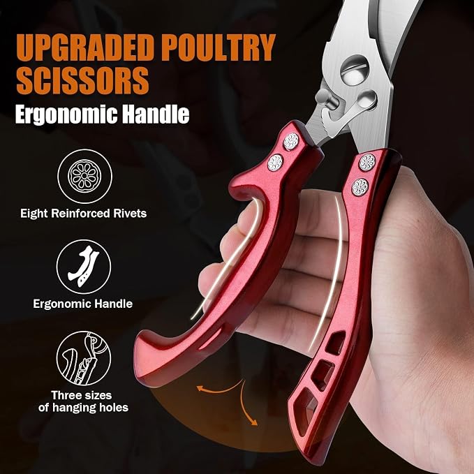 Dream Reach Poultry Shears, Red Heavy Duty Kitchen Shears with Serrated Edge, No Rust Spring Loaded, Multipurpose Stainless Steel Kitchen Scissors for Chicken Meat, Turkey, Fish, Gifts for Men Women