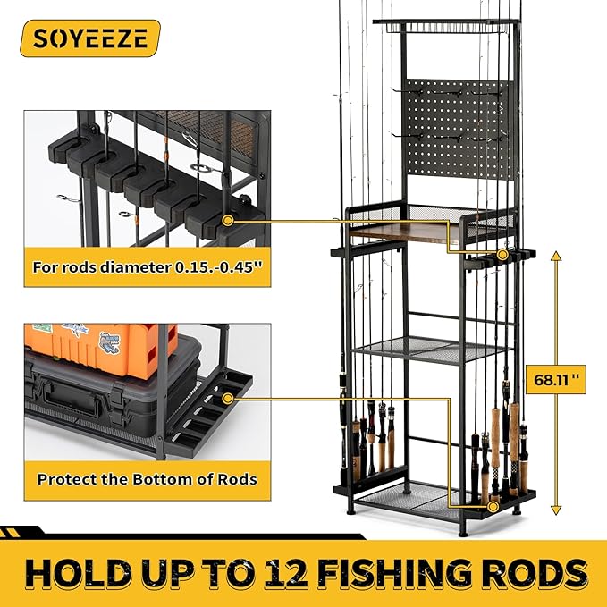 SOYEEZE Fishing Rod Holders for Garage, Fishing Rod Rack Hold Up to 12 Rods, 3 Tier Shelf, Pegboard and Wooden Countertops Designied for Fishing Pole Tackle Box Reel Line Storage, Fishing Gift