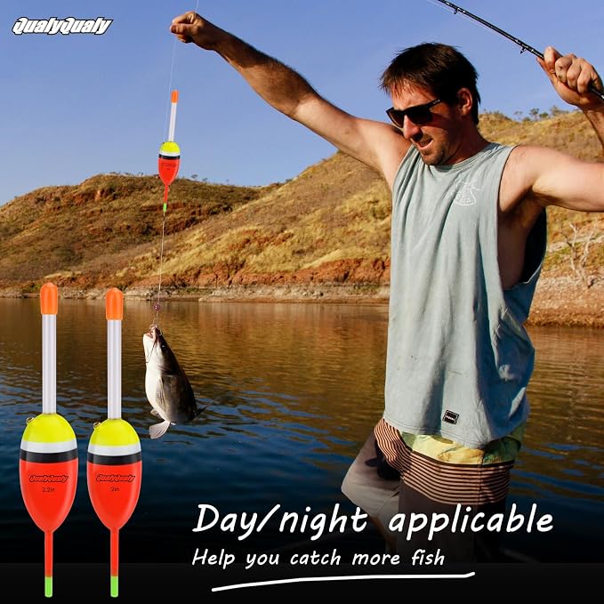 QualyQualy Lighted Fishing Slip Bobber 4-5Pcs Wood/EVA Fish Float + 8-10Pcs Glow Sticks, Night Fishing Light Up Slip Bobber for Crappie Bass Panfish Catfish Walleye