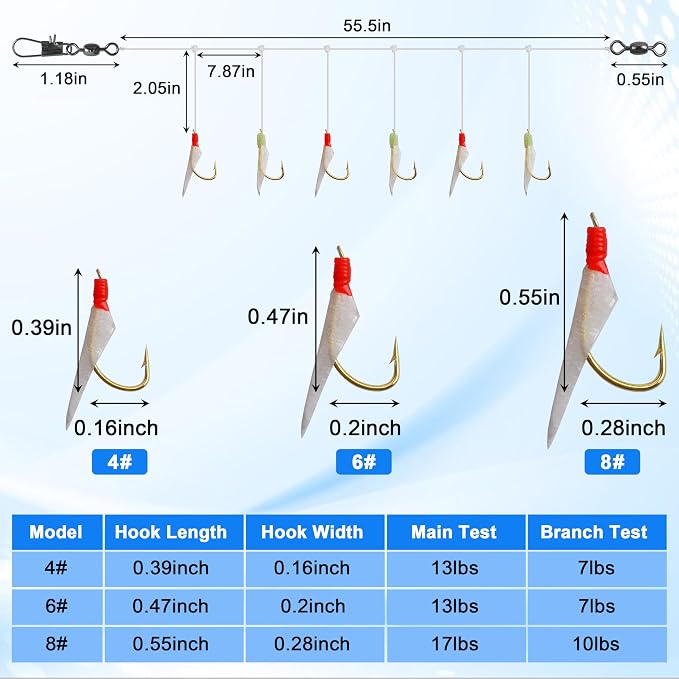 OROOTL Fishing Bait Rigs Saltwater, 6 Packs Surf Fishing Rigs with Sharp Hooks Fish Skin Feather Swivel Snap Glow Saltwater Lures Sea Bass Cod Herring Hook Rig Size 4 6 8
