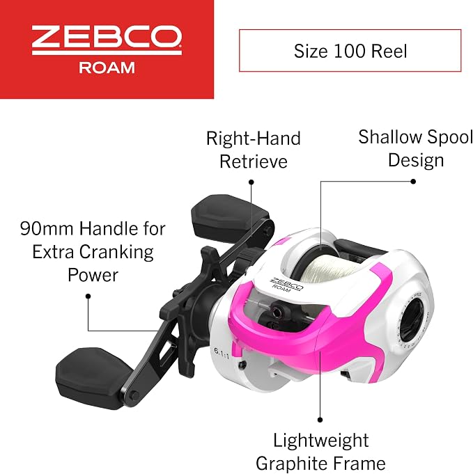 Zebco Roam Baitcast Reel and Fishing Rod Combo, 6-Foot 6-Inch 2-Piece Fiberglass Fishing Pole with Split-Grip MaxTac Rod Handle, Lightweight Graphite Frame, Right-Hand Retrieve