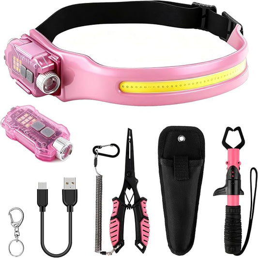 mouhike Pink Fishing Tool Set, 9 Modes Rechargeable LED Headlamp, Long Nose Fishing Pliers, Fish Lip Gripper, Night Fishing Gear Kit Fishing Gift for Men Women