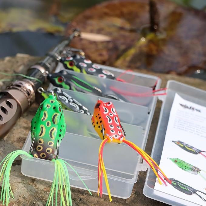 EXAURAFELIS 5pcs Fishing Lures Frogs Lure Frog Baits Ray Frog Topwater luresFishing baits for Basslure Pike Snakehead Musky Weedless Freshwater Soft Lure with Tackle Box