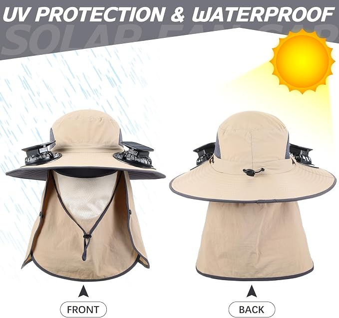 Glitopper 2 Pcs Solar Fan Hat with 2 Fan Wide Brim Removable Face Cover Cooling Fishing Buckets Hats
